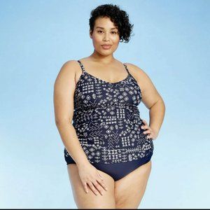 Kona Sol Women's Tankini Top Halter Geometric Navy Blue Size 14W